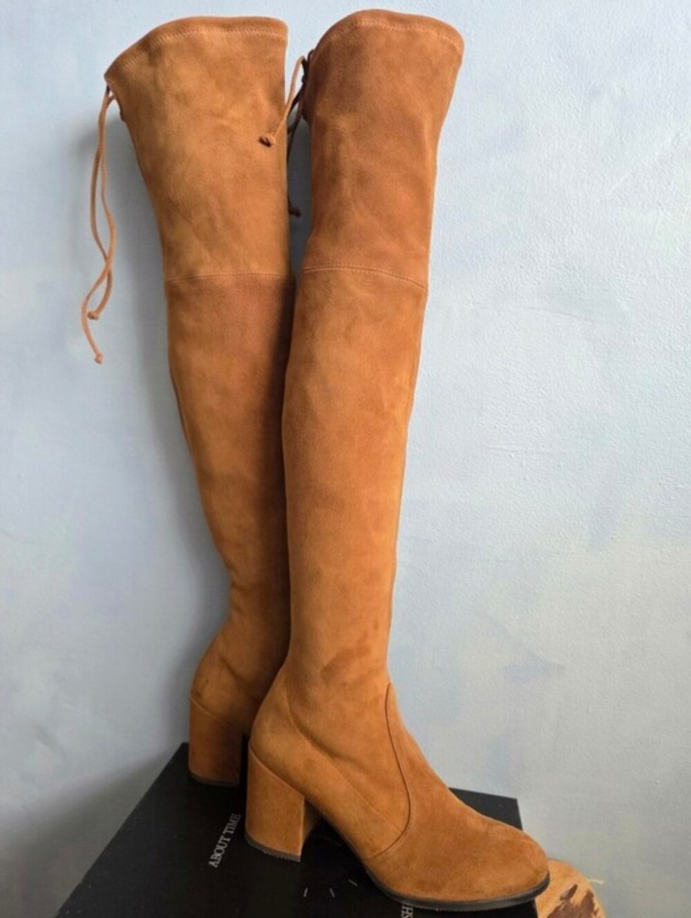 STUART WEITZMAN OTK TIELAND TAN SUEDE STRETCH BLOCK HEEL, BOOTS US 6.5 M